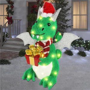 Lighted Christmas Green Dinosaur, 23.5 Inch Pre-Lit 3D Tinsel Flying Dragon